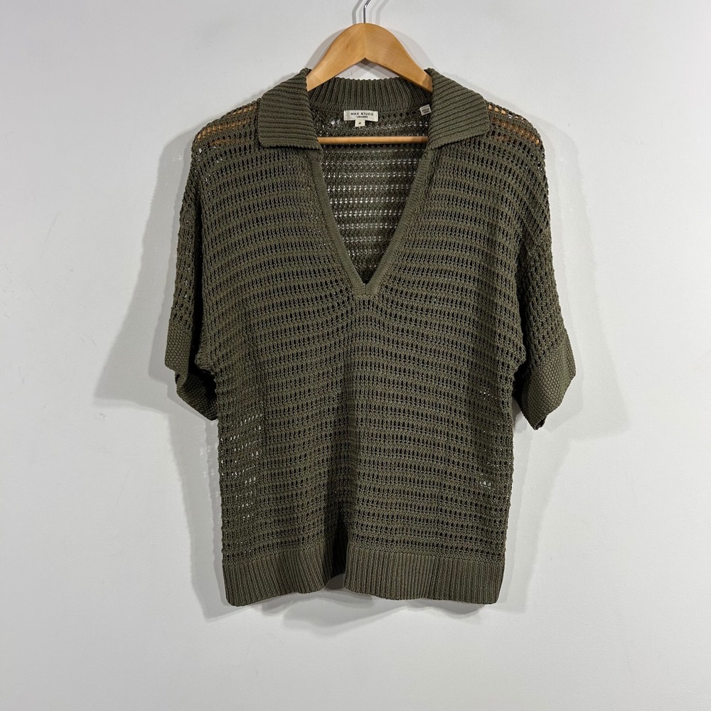 Max Old Money Preppy Olive Green Open Knit Polo Sweater Top Medium Fairy Grunge